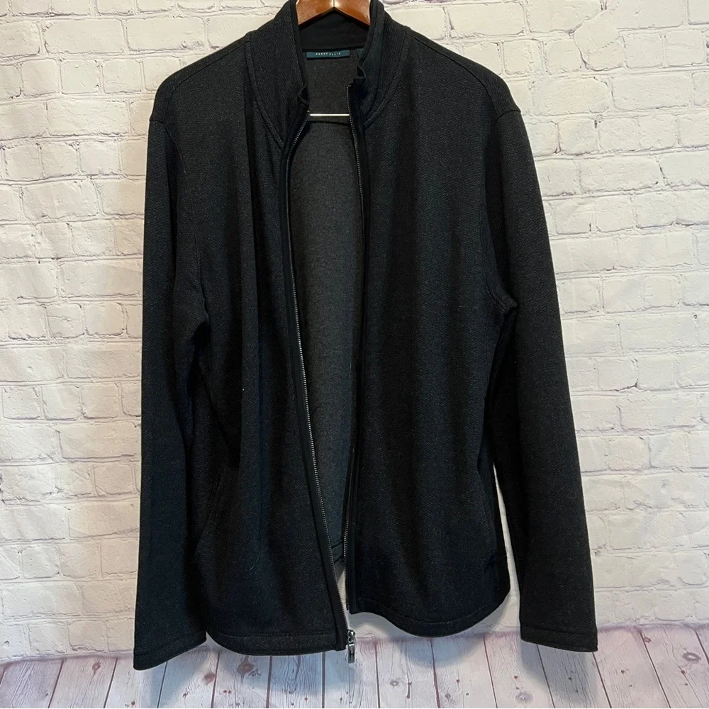 Perry Ellis Men’s Full Zip Rib Knit Ottoman Collard Sweater Black Size L